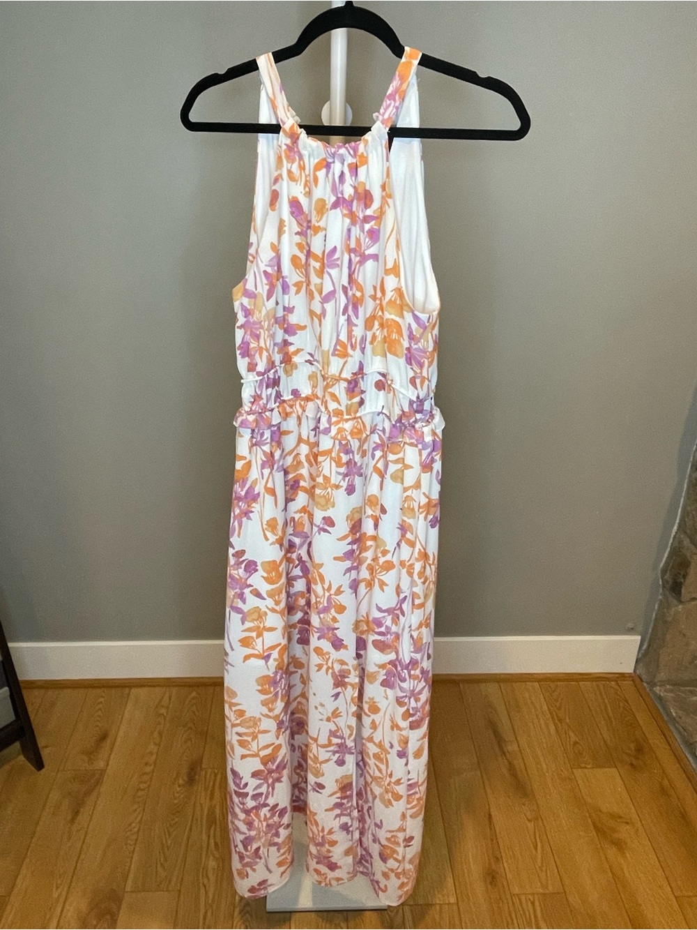 Maison Tara White Maxi Dress with Pink & Orange Leaf Print